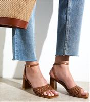 Women's Tan Faux Leather Woven Strap Block Heel Sandals Vegan New Look