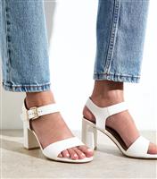 Women's Wide Fit White Faux Leather Block Heel Sandals Vegan New Look