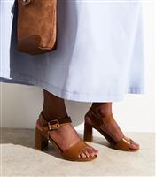 Women's Wide Fit Camel Faux Leather Block Heel Sandals Vegan New Look