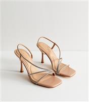 Women's Light Pink Faux Leather Asymmetric Diamante Strap Stiletto Sandals Vegan New Look
