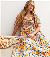 Women's Orange Orange Print Milkmaid Midi Dress New Look