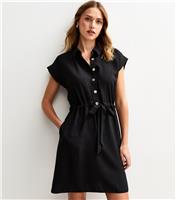 Women's Black Drawstring Waist Short Sleeve Mini Shirt Dress New Look