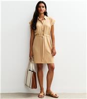Women's Stone Drawstring Waist Short Sleeve Mini Shirt Dress New Look