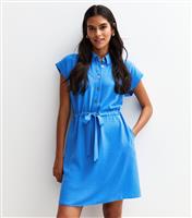 Women's Blue Drawstring Waist Short Sleeve Mini Shirt Dress New Look