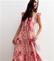 Women's Pink Patchwork Print Tie Back Midi Dress New Look
