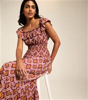 Women's Yellow Diamond Print Shirred Panel Bardot Midi Dress New Look