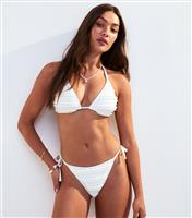 Women's White Textured Frill Trimmed Side Tie Bikini Bottoms New Look