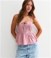 Women's Pink Jersey Lace Trim Strappy Tie Peplum Cami Top New Look