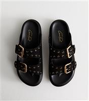Women's Black Faux Suede Eyelet Embellished Flatform Sandals New Look