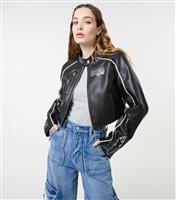 Women's Black Cropped Racer Faux Leather Jacket Pink Vanilla New Look