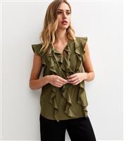 Women's Dark Khaki Ruffle Front Tie Neck Top New Look