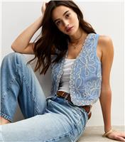 Women's Blue Embroidered Cropped Waistcoat New Look