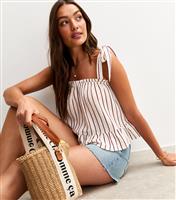 Women's Brown Crinkled Striped Tie Shoulder Top New Look