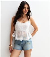 Women's White Semi Sheer Polka Dot Mesh Embroidered Peplum Cami Top New Look
