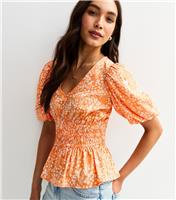 Women's Orange Floral Shirred Waist Blouse New Look