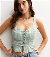 Women's Green Gingham Check Lace Up Front Cami Top New Look