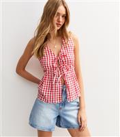 Women's Red Gingham Check Tie Front Top New Look