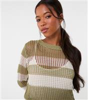 Women's Khaki Striped Crochet Jumper Pink Vanilla New Look