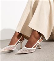 Women's White Gem Embellished Pointed Toe Slingback Heels New Look