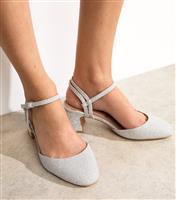 Women's Wide Fit Silver Shimmery Block Heel Open Court Shoes Vegan New Look