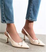 Women's Wide Fit Off White Faux Patent Bow Applique Slingback Pumps Vegan New Look