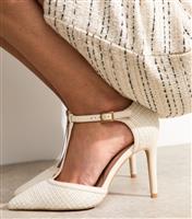Women's Wide Fit Off White Boucle T-Bar Strap Open Court Shoes Vegan New Look