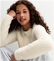 Girls' Cream Fluffy Knit Zip Through Top New Look