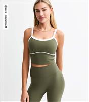 Women's by Zara McDermott Olive Stretch Contrast Trim Sports Crop Top Rise New Look