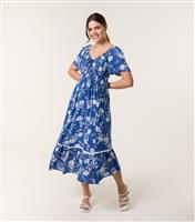Women's Blue Floral Print Shirred Midi Dress Blue Vanilla New Look