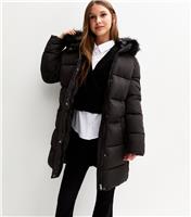 Girls' Black Faux Fur Trim Padded Midi Coat School New Look
