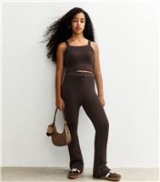 Girls' Dark Brown Elasticated Waist Flared Trousers New Look