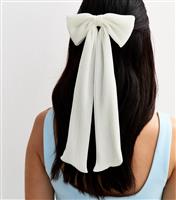 White Long Plisse Bow Hair Slide New Look