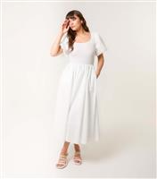 Women's White Puff Sleeve Smocked Midi Dress Blue Vanilla New Look