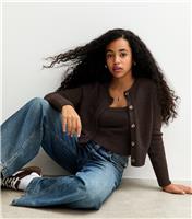 Girls' Dark Brown Slubby Knit Teddy Cardigan New Look