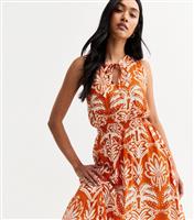 Women's Orange Floral Print Tie Neck Midi Dress Blue Vanilla New Look