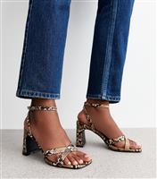 Women's Brown Snake Print Faux Leather Block Heel Sandals Vegan New Look