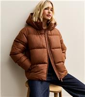 Women's Tan Hooded Cropped Puffer Jacket New Look
