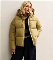 Women's Light Khaki Hooded Cropped Puffer Jacket New Look