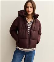 Women's Burgundy Hooded Cropped Puffer Jacket New Look