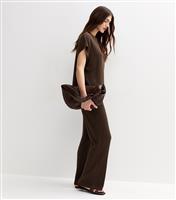 Women's Dark Brown Pointelle Knit Wide Leg Trousers New Look