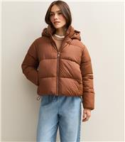 Women's Petite Tan Cropped Puffer Jacket New Look