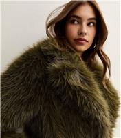 Women's Dark Khaki Faux Fur Coat New Look
