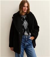 Women's Black Collared Long Sleeve Borg Coat New Look