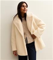 Women's Cream Collared Long Sleeve Borg Coat New Look