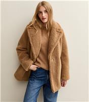 Women's Tan Collared Long Sleeve Borg Coat New Look