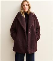 Women's Dark Burgundy Collared Long Sleeve Borg Coat New Look