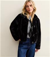 Women's Petite Black Faux Fur Collared Jacket New Look