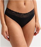 Women's Black Ribbed Cotton Lace Trim Brazilian Briefs New Look