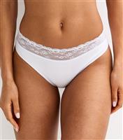 Women's White Ribbed Cotton Lace Trim Brazilian Briefs New Look