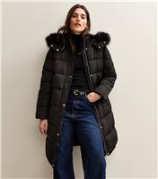 Women's Black Faux Fur Hood Longline Puffer Coat New Look